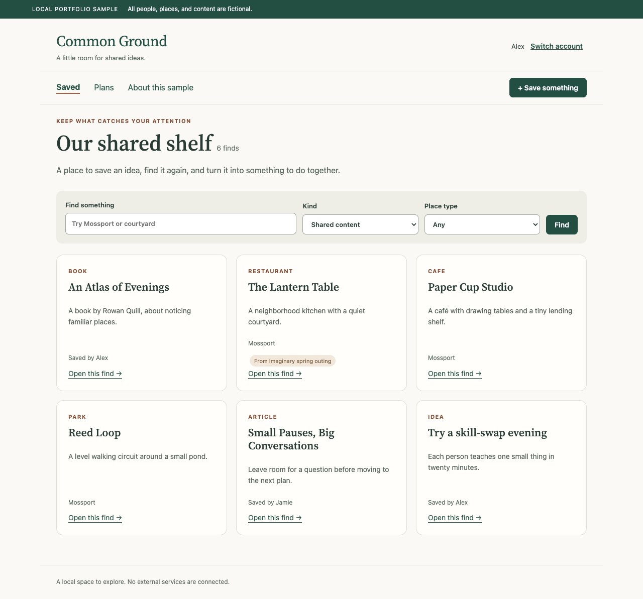 Common Ground's shared shelf showing fictional saved places and ideas in its light theme.