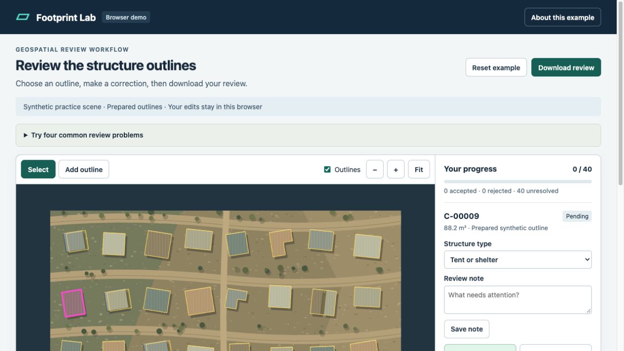 Footprint Lab's synthetic scene with candidate structure outlines and review controls.